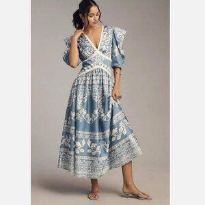 Anthropologie x Farm Rio Printed V-Neck Puff-Sleeve Maxi Dress Blue Size S NWT